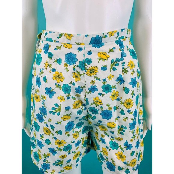 Vintage 1960s Floral Print Shorts Blue Yellow White Cotton | W 26" - Picture 2 of 9